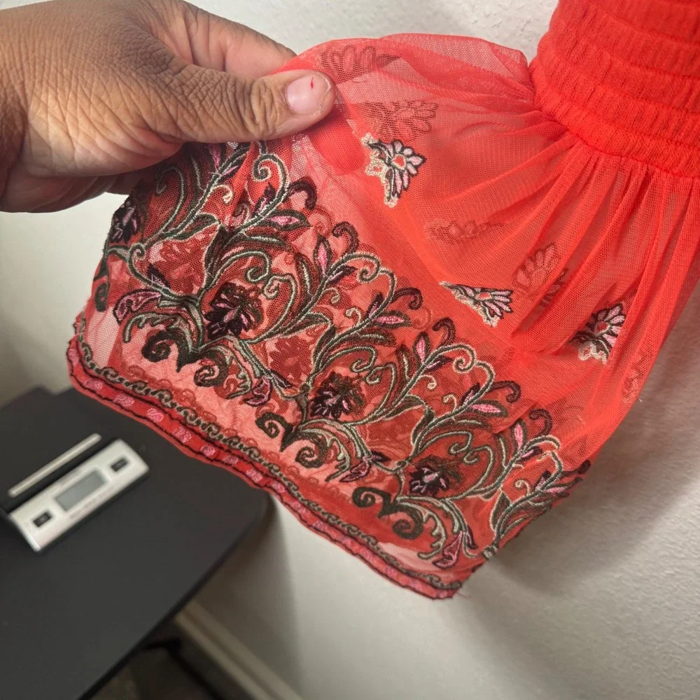 Free People Sheer Mesh Embroidered Bell Sleeve Top Coral Orange XS Boho Festival